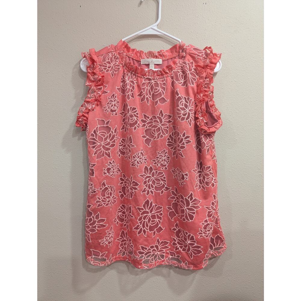 Pink w/white flower shell/tank, lined w/ruffled sleeves by Lapis & Lillies,, L